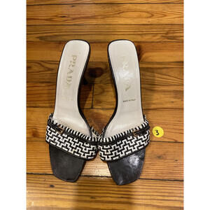 Prada Black & White Woven Mule Heeled Sandals Slides | Size 36 | Made in Italy
